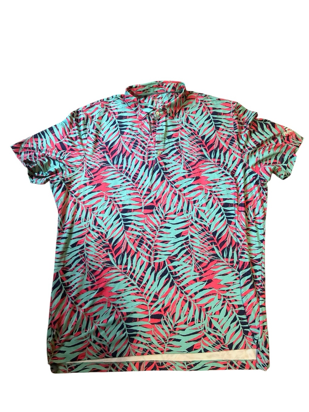 johnnie-O Short Sleeve Leaf Print Polo in Mint, Pink & Navy